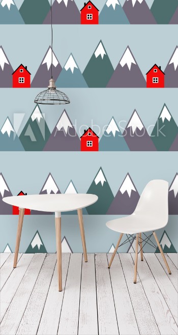Bild på Nordic landscape with red houses and mountains Seamless pattern with geometric snowy mountains and homes Colorful scandinavian nature illustration Vector mountains background